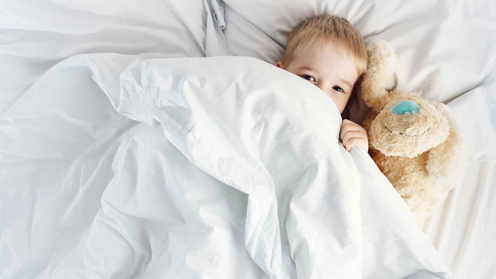 Child snuggled under a white comforter with a stuffed animal, emphasizing the importance of cleaning household essentials like comforters for a fresh and allergen-free sleep environment.