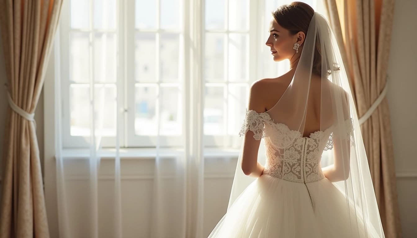 A bride in an off-the-shoulder lace wedding dress and veil stands by a large window with light streaming in through sheer curtains.