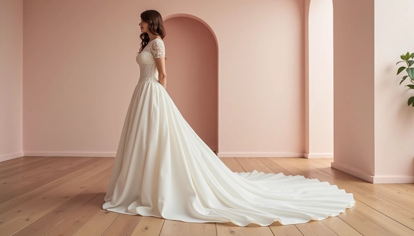 A woman in a white wedding dress with lace sleeves stands in a minimalist room with light pink walls and wooden floors, considering local Wedding Dress Preservation to cherish her gown for years to come.