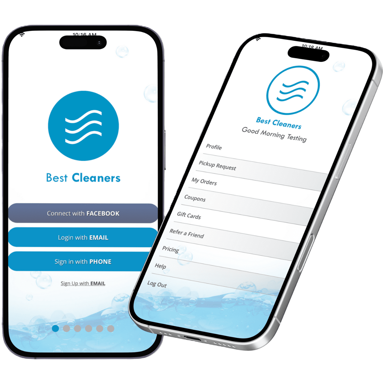 Two smartphones display the Best Cleaners app; one shows login options, while the other displays the main menu with profile and service features.