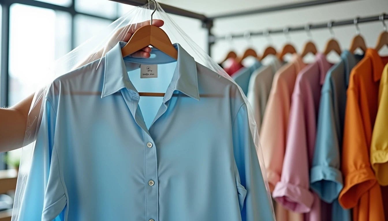 A hand holding a light blue button-up shirt on a hanger covered by a plastic garment bag, with more colorful shirts hanging on a rack in the background.