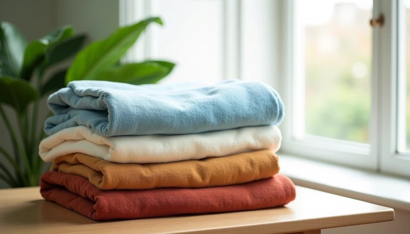 Four neatly folded blankets in blue, white, brown, and orange are stacked on a wooden table near a window with a green plant in the background.