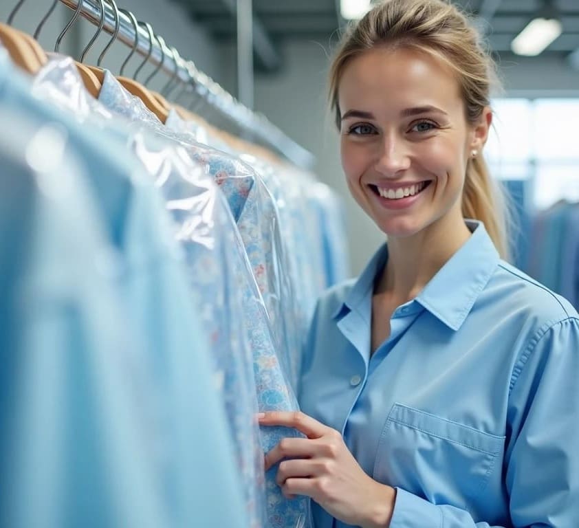 A woman in a light blue shirt smiles while standing next to a rack of clothes covered in plastic at what appears to be a dry cleaning shop.