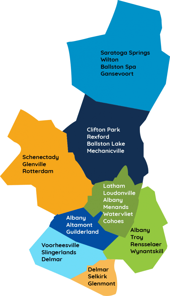 A color-coded map showing cities and towns in the Capital Region of New York, grouped by counties with labels for each location.