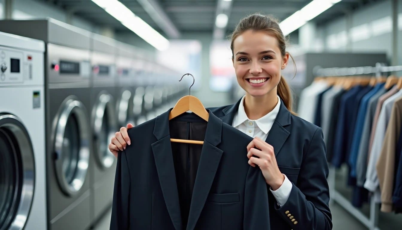 Smiling woman holding a black suit jacket in a modern dry cleaning facility, showcasing professional garment care and service options at Best Cleaners NY.